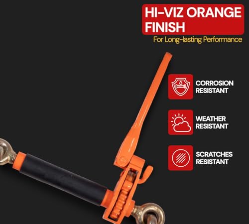 Image of Mytee Products 2 Pack 1 /2 inch - 5 /8 inch Hi-Viz Orange Quick Folding Handle Ratchet Load Binder with Grab Hook 18,100 lbs WLL | Tie Down Hauling Chain Binders for Flatbed Truck Trailer