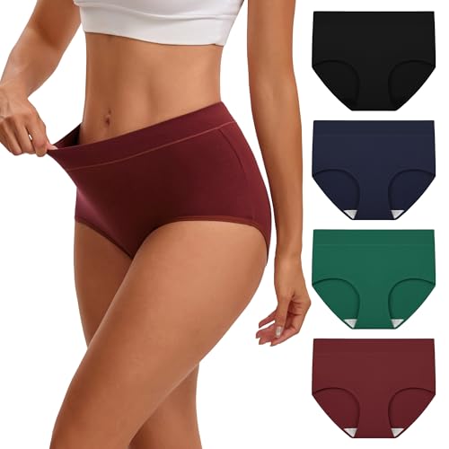 INNERSY Womens Cotton Underwear High Waisted Soft Briefs Full Coverage Ladies Panties 4 Pack(Vintage Matte Medium)
