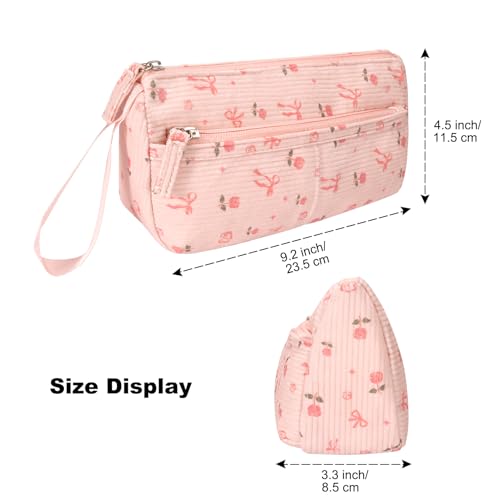 Image of FINPAC Pencil Case, Corduroy Triangle Makeup Bag, Kawaii Pen Bag Pouch Holder Box Organize for Study, Office, or Travel (Pink Rose Bow)