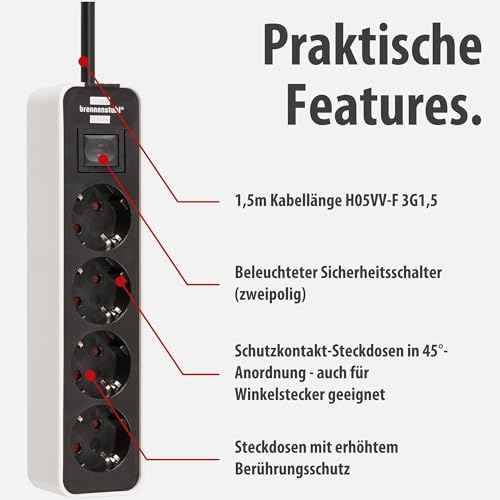Brennenstuhl Ecolor Steckdosenleiste 4-Fach (Mehrfachsteckdose mit Schalter und 1,5m Kabel) schwarz/weiß