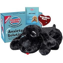 Snuggle Puppy Heartbeat Dog Toy for Puppies, Real-Feel Heartbeat, Calming Sleep Aid and Crate Training Comfort Toy with Heat Pack, Black Plush Design