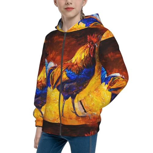 Colorful Rooster Kids Pullover Hoodies Boys Zip Up Sweatshirts Girls Athletic Clothes with Pocket