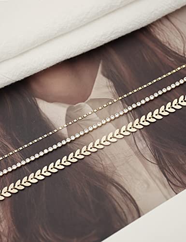 Tennis Gold Ankle Bracelets For Women 14K Gold Plated Anklet Gold Crystal Cubic Zirconia Rhinestone Anklet Leaf Handmade Chain Dainty Layered Anklet Set 3Pcs #TOP4