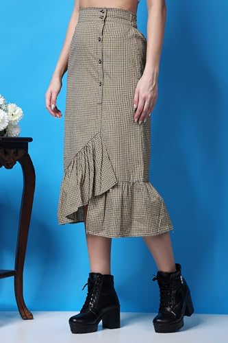 Image of POPWINGS Casual Check Print Long Flare Skirt for Women | Cotton Skirt for Women Skirt for Women