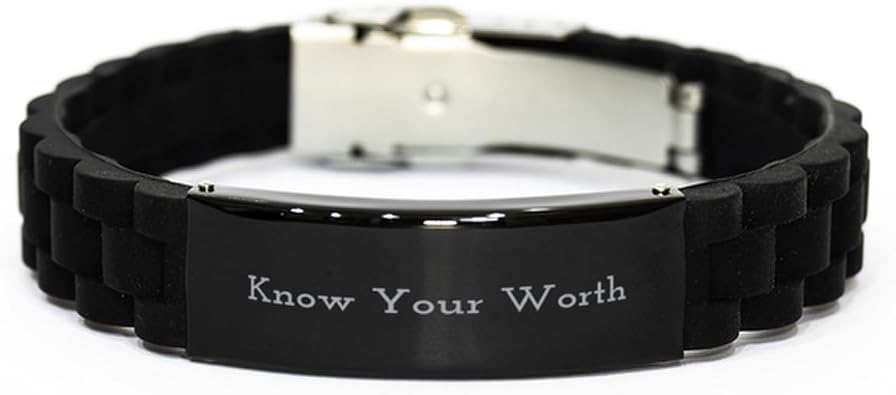 Know Your Worth Bracelet | Positive Self-Worth Jewelry | Engraved Silicone Wristband with Steel Clasp