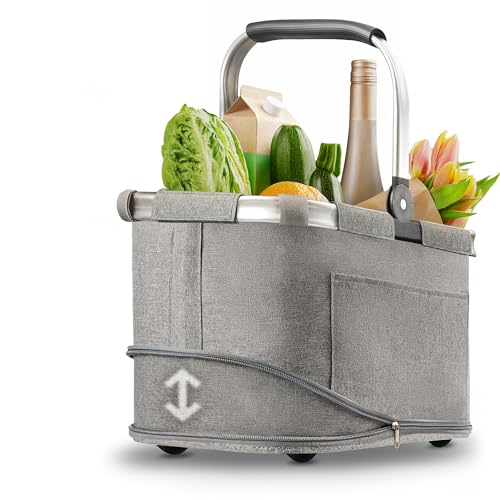 Praknu Einkaufskorb Faltbar Klein – 2 in 1 Erweiterbar 15L auf 25L – Abnehmbarer & Waschbarer Bezug – Stabil mit Alurahmen & Verstärktem Boden – Extra Fächer innen & außen – Tragekorb – Grau