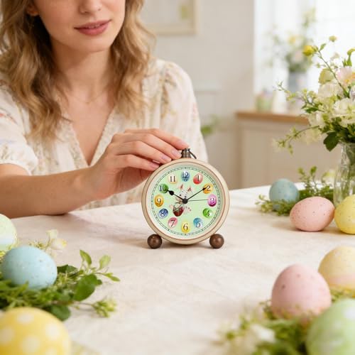Reloj de sobremesa con alarma de conejo y diseño de huevo de Pascua metálico para estante de salón 4
