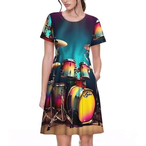 Robe d'été à manches courtes imprimé Cool Drums Set pour femme
