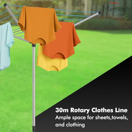 Meown Rotary Washing Line with Ground Spike – 3 Arm Garden Clothes Dryer | 30M Rustproof UV-Resistant Airer | Space-Saving Whirligig Design for Patio Balcony | Foldable, Windproof, Adjustable Height - Image 6