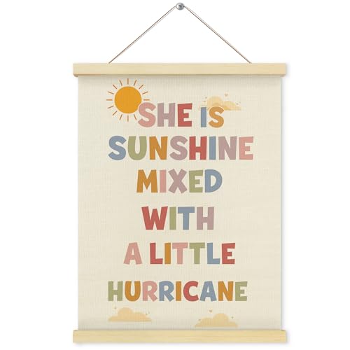 Shrago Motivational Wall Decor for Girls,Inspirational Canvas Wall Art,She Is Sunshine Mixed with a Little Hurricane Poster Hanger Frame Room Bedroom Nursery Playroom Wall Decor, 12x16 Inch