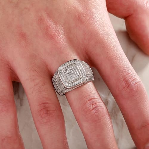 JINAO Men Ring 14K Gold Plated Cluster Iced Out Lab Simulated Diamond Band Micropave Bling Ring for Women (silver,8) - Thumbnail 6
