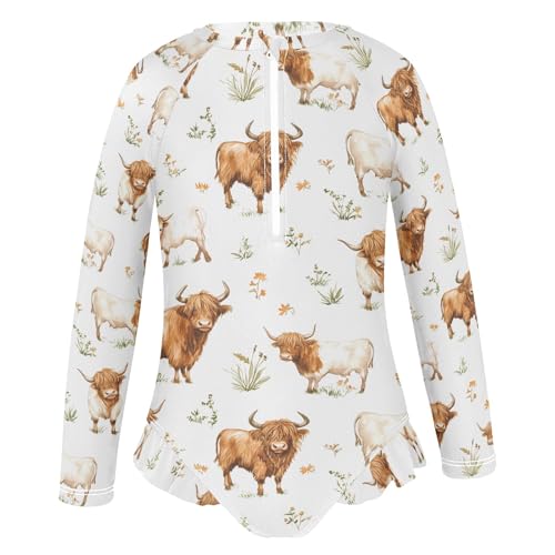 Highland Cattle Grass Girls Long Sleeve Swimsuit Rash Guard One Piece Bathing Suits Zipper 3-12T2