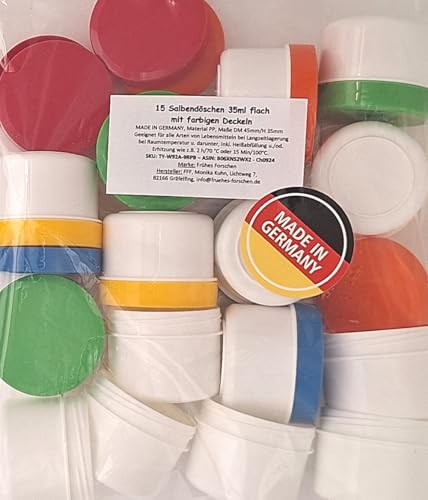 FRÜHES FORSCHEN 15 Salbendosen, Cremedosen, flache Salbendosen, 35 ml Inhalt mit farbigen Deckeln