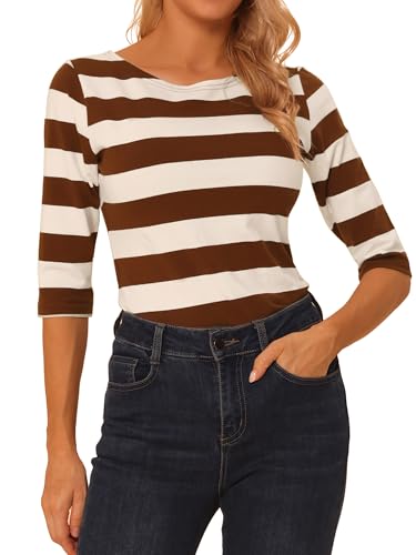 Image of Allegra K Women's Striped Shirt Elbow Sleeve Slim Fit Casual Boat Neck Top
