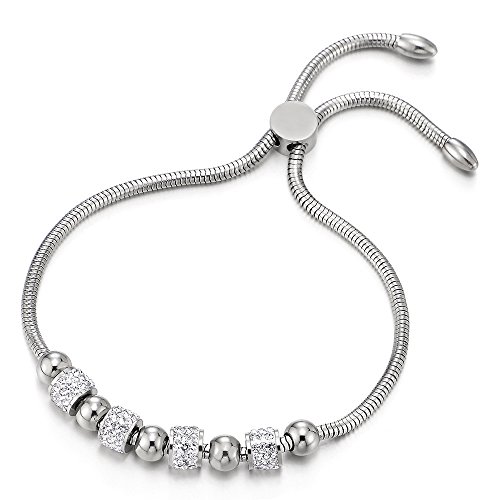 COOLSTEELANDBEYOND Stainless Steel Charm Bracelet for Women with Cubic Zirconia and Steel Bead String, Adjustable