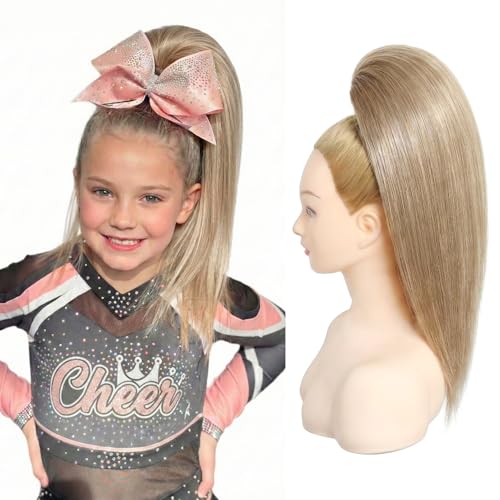 SEIKEA Cheer Ponytail Hair Piece, 100% Real Human Hair 16" Straight Cheerleader Hairpiece Smooth Natural Healthy Reusable Ponytail Extension for Competition, Dance & Stage Dirty Ash Blonde