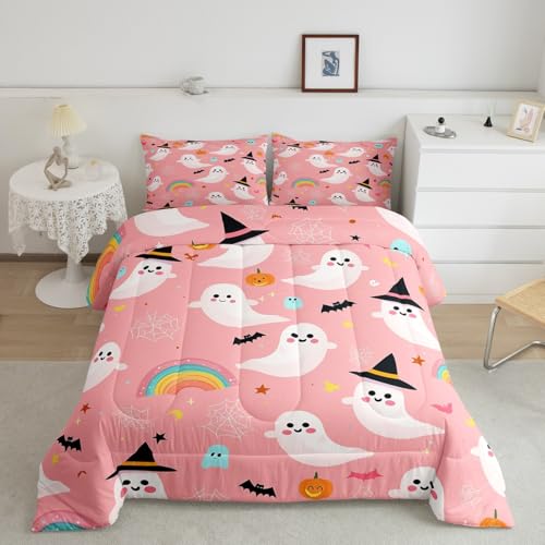 Feelyou Halloween Bedding Set Twin Size Kids Rainbow Ghosts Comforter Cover for Boys Girls Teens Bats Witch Hats Duvet Cover Bean Pink Breathable Soft Lightweight Microfiber