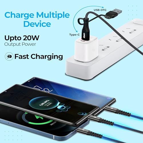 Image of Foxin MAC05 Dual Input 20W 3 in 1 /6 in 1 Nylon Braided 1.5mt 4 Amp Multipurpose Parallel Fast Charging Cable | Universally Compatible, USB & Type C Input | Type C, 8 Pin, Micro Output | Made in India