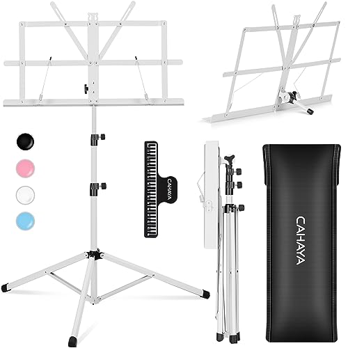 CAHAYA Portable Sheet Music Stand: Dual Use Desktop Book Holder Folding Lightweight Extra Stable Reinforced with Carrying Bag and Clip for Students Musicians Height Adjustable up to 54.3" CMS0204W by CAHAYA - Used condition - US$15.39
