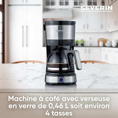 SEVERIN Cafetière filtre, 750W, Jusqu'à 4 tasses, filtre permanent lavable, porte filtre amovible, Plaque chauffante, Inox/Noir, KA 4808