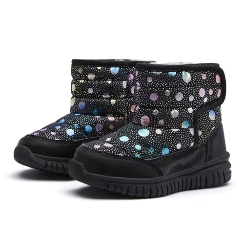 HOBIBEAR Toddler Boys Snow Boots Slip on Waterproof Winter Shoes Outdoor(Glitter Black-Size 5 Toddler)