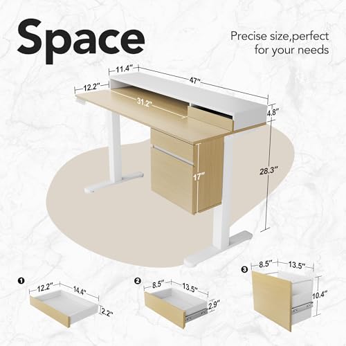 Image of HUANUO Electric Standing Desk with File Cabinet, 47 Inch Height Adjustable Desk with Storage Drawers, Ergonomic Stand Up Table Compatible with Monitor Stand, Light Walnut