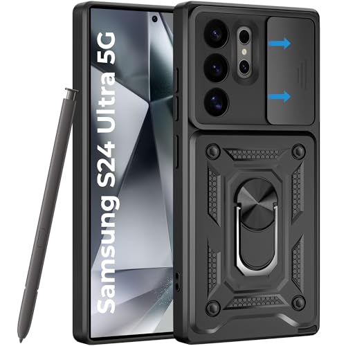 Image of A rtistque Armor Bumper Back Cover Case for Samsung Galaxy S24 Ultra 5G | Ring Holder Stand | Sliding Camera Protection | Shockproof Rugged Design | Samsung S24 Ultra Back Cover - Black