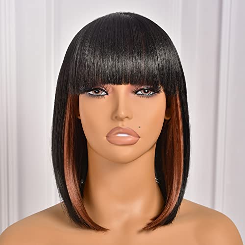 Toyotress Blunt Cut Bob Wigs With Bangs - 14 Inch Peek-A-Boo Color Black Mix Brown Light Yaki Straight Hair Costume Wig For Black Women, Shoulder Length Synthetic Hair Replacement Wigs(14 Inch, Sh30) #TOP2