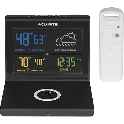Acu Rite Weather Forecaster with Wireless Charging Pad, Alarm Clock with Indoor/Outdoor Temperature and Acu Rite Weather Forecaster with Wireless Charging Pad, Alarm Clock with Indoor/Outdoor Temperature