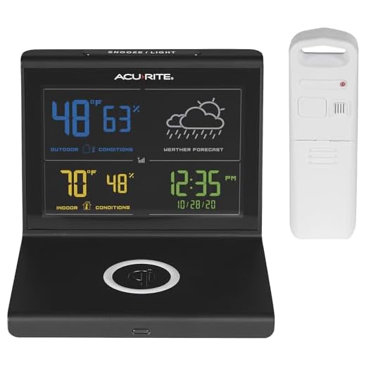 AcuRite Weather Forecaster with Wireless Charging Pad, Alarm Clock with Indoor/Outdoor Temperature and Humidity and Calendar (01193M),Black
