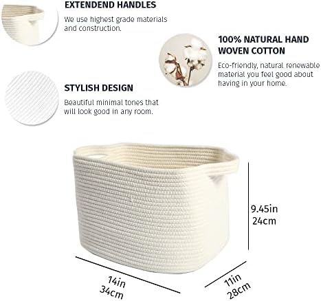 OrganiHaus Rope Magazine Basket with Handles | Decorative Basket for Books | Nursery Basket for Toys & Baby Room | Rectangular Basket for Office Storage Rope Basket for Towels 14 x 9 - White Basket
