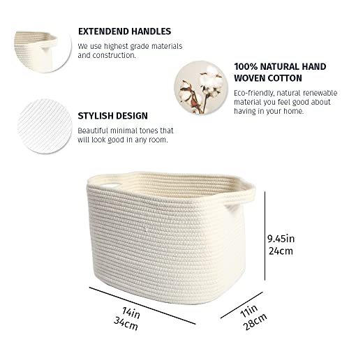 Organihaus White Basket For Blankets | Toy Basket For Baby | Woven Storage Basket | Rope Basket With Handles | Rectangle Soft Boho Basket For Towels | Cloth Basket For Organizing | Fabric Basket 14X9 #TOP1