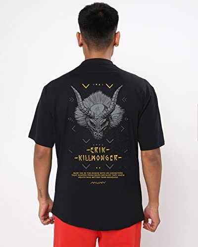Image of Bewakoof Men's Graphic Printed 100% Cotton T-Shirt - Oversized Fit, Round Neck, Half Sleeves