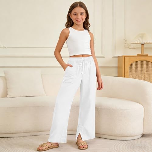 Image of Girls Linen Pants Wide Leg School Uniform Pants Cozy Elastic Waist Summer Casual Beach Lounge Trousers with Pockets