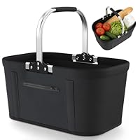 Einkaufskorb Faltbar 30L Groß Einkaufskorb Picknickkorb Tragekorb, Praktischer Klappkorb Einkaufstasche mit Aluminiumgestänge Tragegriffen, Familie Einkaufstasche für Camping Picknick Reisen Einkaufen