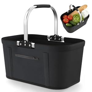 Einkaufskorb Faltbar 30L Groß Einkaufskorb Picknickkorb Tragekorb, Praktischer Klappkorb Einkaufstasche mit Aluminiumgestänge Tragegriffen, Familie Einkaufstasche für Camping Picknick Reisen Einkaufen