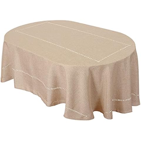 Grelucgo Solid Color Double Hemstitched Dining Tablecloth (Beige, Oval 60x84 inches) Cover