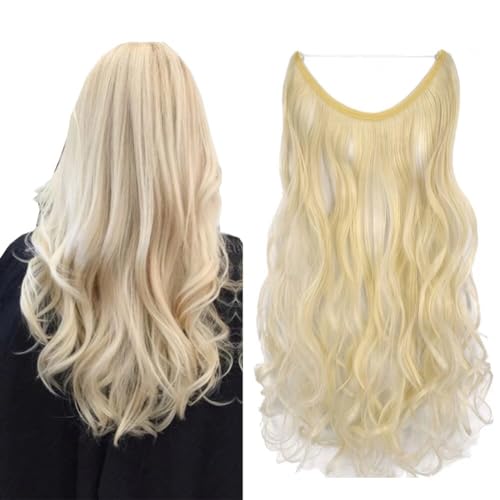 iLUU Hair Extensions 18" 80g 60# Platinum Blonde Fashion Color Long Curly Synthetic Hairpieces Fast Instant Invisible String Transparent Wire Fish Line Wavy Hair Extensions for Beauty Women
