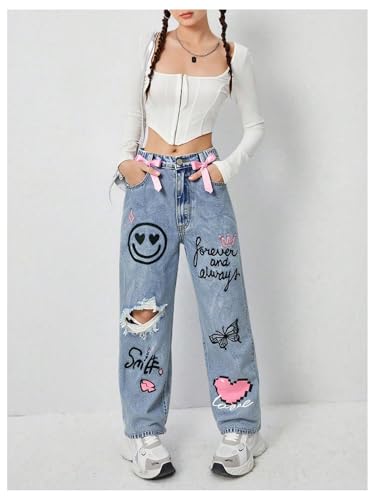 MakeMeChic Girl's Denim Pants Cowgirl Chic Heart Print Bow Ripped Cute Jeans with Pocket4