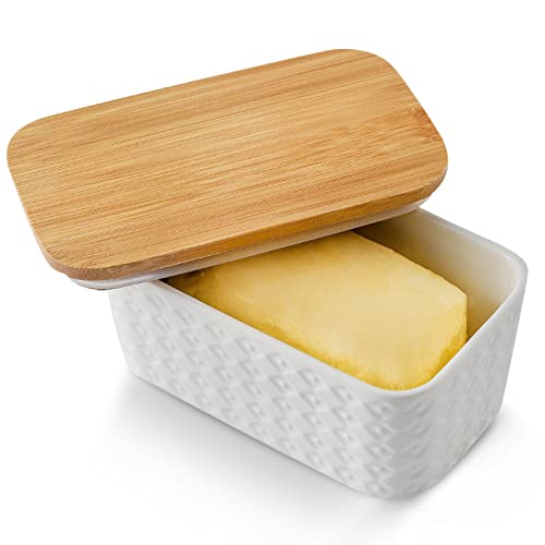 Hasense Large Butter Dish With Lid For Countertop - Modern Ceramic Butter Container Holder With Cover For Fridge,Silicone Sealing,White Embossed Pattern,Holds Two Sticks Of Butter #TOP10