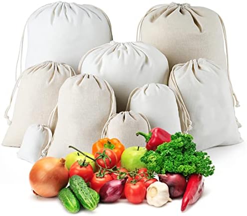 LZYMSZ Cotton Muslin Bags, 10PCS Organic Produce Bags Gift Pouch with Drawstring, Breathable Reusable Packing Storage Bags Travel Pouch Vegetable Canvas Sachet Wedding Party Favor Sack in 5 Sizes