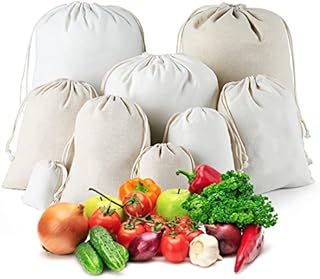 LZYMSZ Cotton Muslin Bags, 10PCS Organic Produce Bags Gift Pouch with Drawstring, Breathable Reusable Packing Storage Bags Travel Pouch Vegetable Canvas Sachet Wedding Party Favor Sack in 5 Sizes