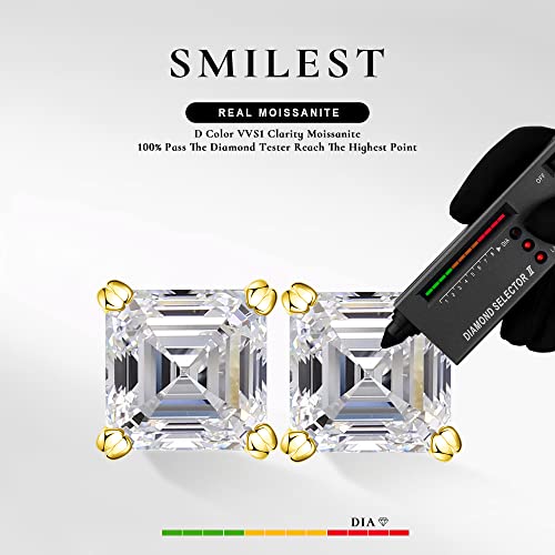 Smilest Asscher Cut Moissanite Earrings For Women, D Color Vvs1 Clarity Lab Created Diamond Earrings 18K Yellow Gold Vermeil S925 Sterling Silver Double Claw Moissanite Stud Earrings For Women Gifts #TOP1