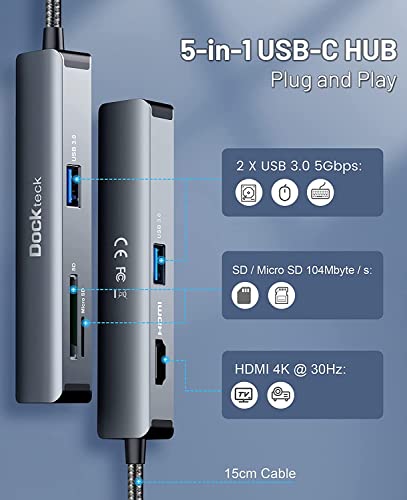USB C Hub Multiport Adapter, Dockteck 5 in 1 USB C Adapter Dongle with 4K HDMI, 2 USB 3.0 Data Ports, SD/TF Card Reader for MacBook Pro/Air, iPad Pro, XPS, Surface Go and More