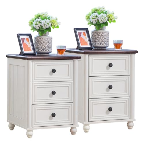 18" Farmhouse Night Stand Set of 2, White Wood Nightstand with 3 Drawers, Bedside End Table with Storage and Roman Column, Bed Side Tables Cabinet for Bedroom, Living Room, and Closet