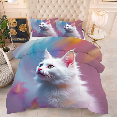 Couette 220x240 chat blanc 2 personnes parure de lit 3 pièces - 2