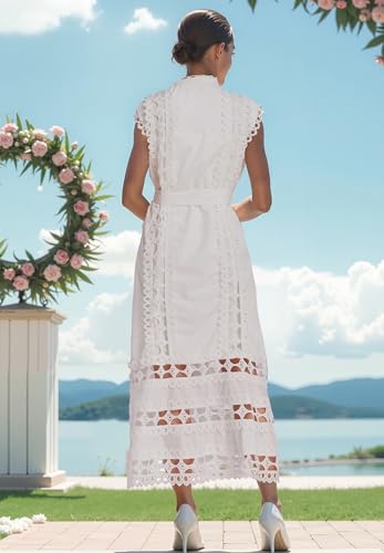Image of LAI MENG FIVE CATS Women's Sleeveless Hollow Out Lace Button Up Casual Midi Party Dress with Belt