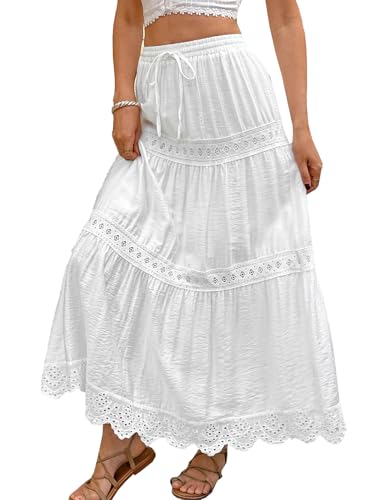 Womens Boho Maxi Skirt High Waist A Line Flowy Ruffle Lace Skirts