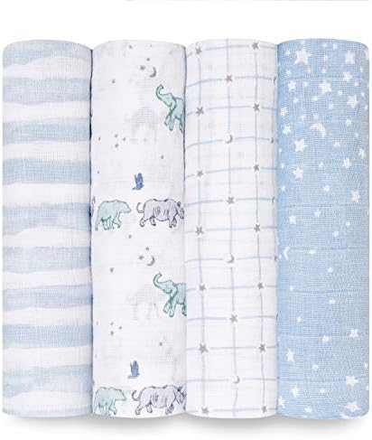 aden + anais Jungle Swaddle Blanket - Pack of 4 | Large 100% Breathable Muslin Cotton Swaddle Wrap Set for Baby Girls & Boys | Bird, Elephant & Giraffe Designs | Newborn & Infant Sleep Essentials