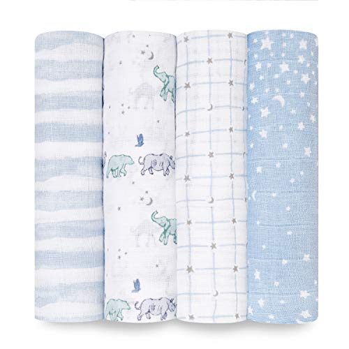 Image of aden + anais Boutique Muslin Swaddle Blanket for Baby Girls and Boys, Newborn Receiving Blanket for Swaddling, 100% Muslin Cotton Swaddle Wrap, 4 Pack, Rising Star